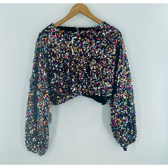 NWT En Creme Multi Color Rainbow Rubina Confetti Sequin Cropped Top - Picture 3 of 14
